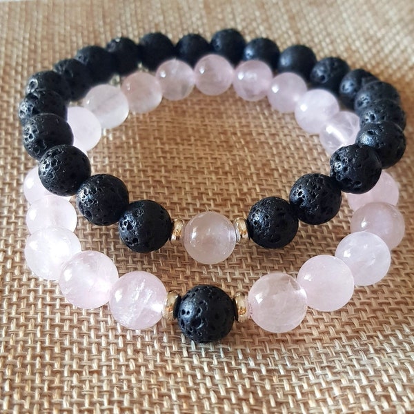 Bracciali di coppia, bracciali quarzo rosa e pietra lavica~ Love bracelets for couples, rose quartz and lava stone bracelets