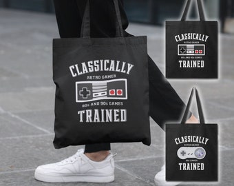 Classically Trained 8-Bit NES | 16-Bit SNES | Retro Gaming Tote Bags | Gamer Totes | Geeky Gamer Bags | Retro Video Game Totebags for Geeks