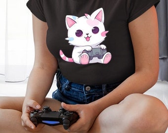 Niedliches Katzen-Gamer-T-Shirt für Gamer-Mädchen, Mädchen-Gamer-T-Shirt, Geschenke für Gamer, die Katzen und Videospiele lieben, Kawaii-Videospiele-Shirt für Frauen