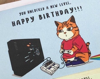Gamer Cat Video Gamer Birthday Card for Video Games and Cat Lovers, Funny Gaming Cat Farting Rainbow Birthday Card for Kids Teens Adults