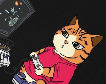 Camiseta de jugador de videojuegos y gatos, camiseta de gato gamer, camiseta de gatito jugando juegos retro, regalos únicos para amantes de los gatos, gamers, geeks, papás felinos