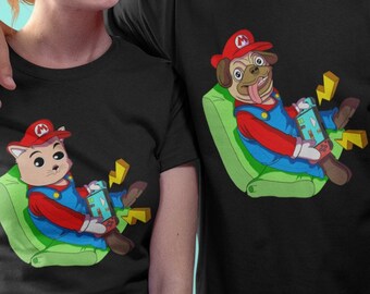 Gamer Cat and Dog Tshirt, Dog & Cat Lover Gaming T-shirt, Dogs Cats Video Games T Shirt, Cute Cat Dog Gaming Tee, Cat Dog Owner Gamer Shirts