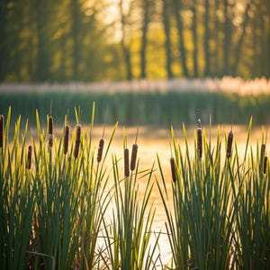 May include: A close-up of a field of tall green reeds with brown cattail heads. The reeds are backlit by the setting sun, creating a warm glow.