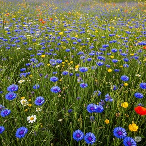 May include: A vibrant field of wildflowers in full bloom. The image showcases a diverse array of colors, including bright blue cornflowers, yellow buttercups, white daisies, and red poppies, all set against a backdrop of green grass.