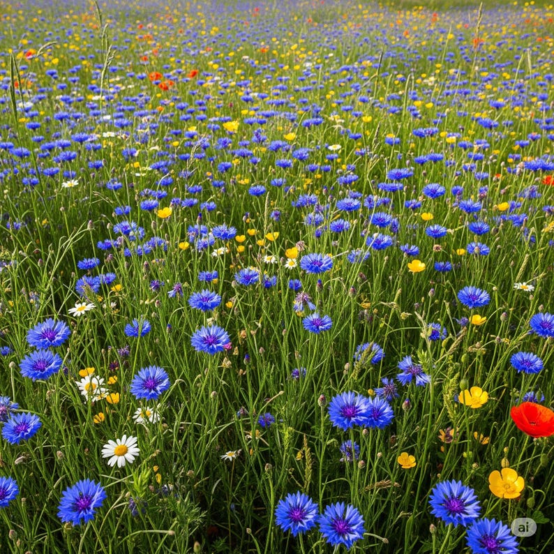 May include: A vibrant field of wildflowers in full bloom. The image showcases a diverse array of colors, including bright blue cornflowers, yellow buttercups, white daisies, and red poppies, all set against a backdrop of green grass.