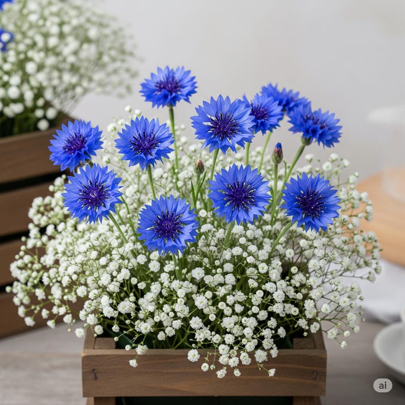 May include: A wooden crate overflowing with vibrant blue cornflowers and delicate white baby's breath. The bright blue flowers are in full bloom, creating a striking contrast against the fluffy white blossoms. A beautiful floral arrangement.