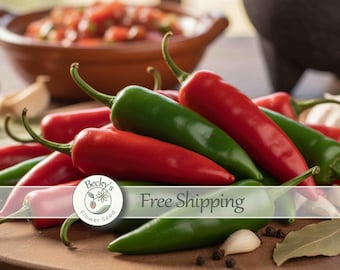 May include: A pile of fresh chili peppers in vibrant shades of red and green, featuring smooth, tapered skins and green stems. The peppers are arranged in a cluster, with some individual cloves of garlic and black peppercorns scattered nearby.