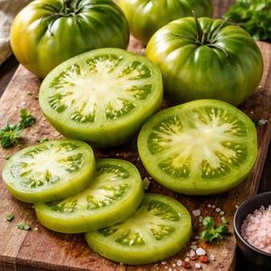 May include: A close-up shot of green tomatoes, some whole and some sliced, on a wooden cutting board. The tomatoes have a vibrant green color with a yellow center. Sprigs of herbs and a small bowl of pink salt are also present.