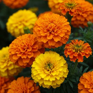 May include: A close-up of a group of orange and yellow marigold flowers in bloom. The flowers have a ruffled appearance and are arranged in a cluster.