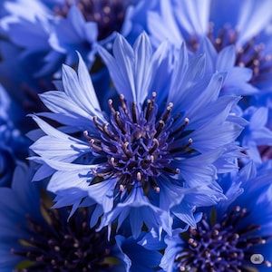 May include: Close-up of vibrant blue cornflower blossoms. The flowers have delicate, layered petals and dark purple centers with yellow stamens. The image showcases the natural beauty and intricate details of the flowers.