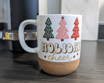 Holiday cheer thermos mug/ Christmas 14 oz cork bottom mug with plastic lid/ Christmas cup/ Christmas gift/thermal christmas mug