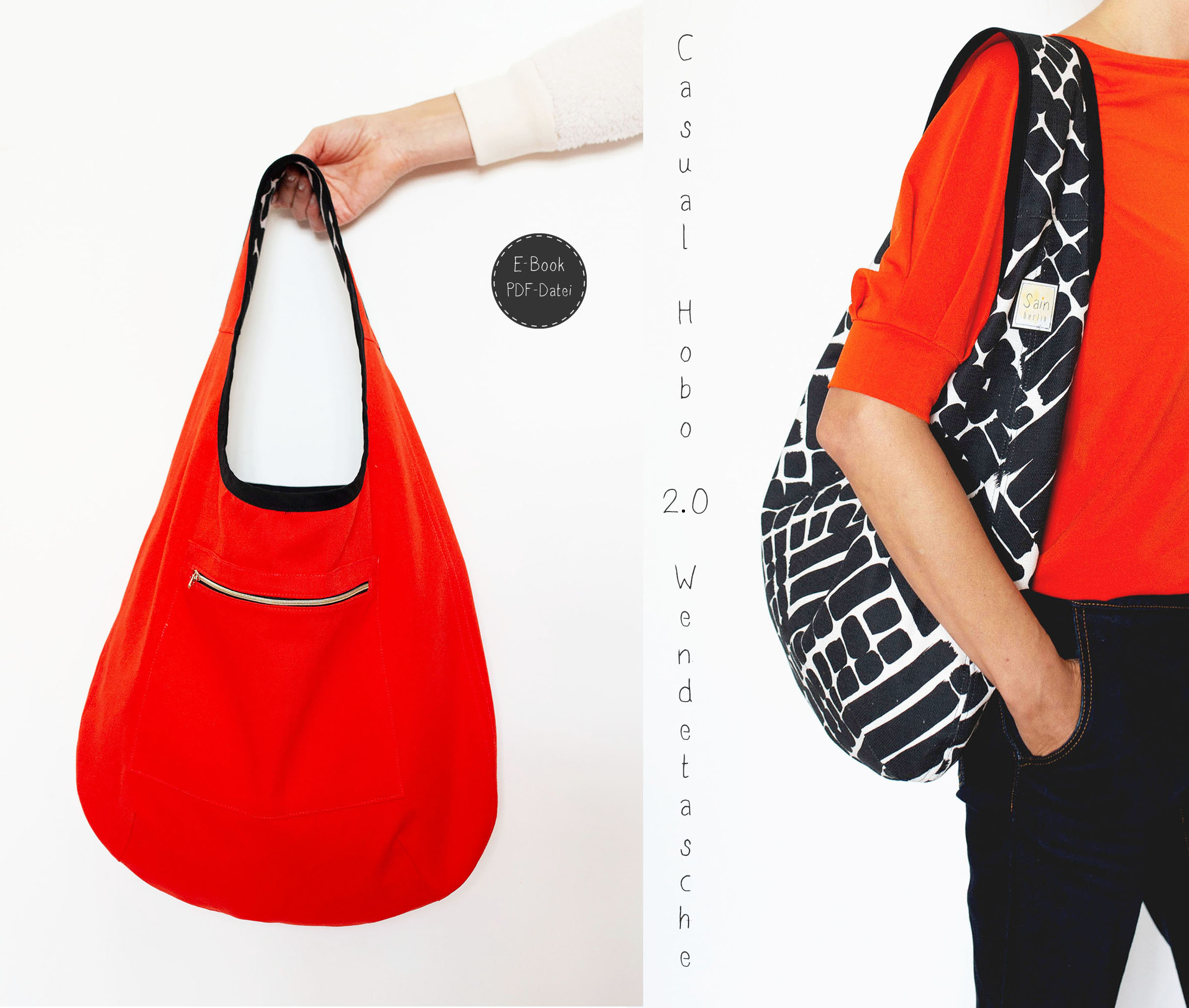 Casual Hobo Bag Digitales Schnittmuster im PDF-Format für eine  Wendetasche ausführlicher Nähanleitung (Sprache: Deutsch)