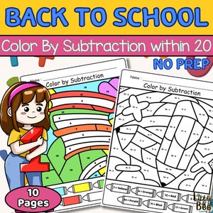 Back to School Color by Subtraction Worksheets: 1st-2nd Grade Math (Printable Activities)