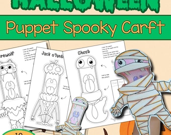 May include: A Halloween-themed craft set featuring printable puppet designs. The image displays a variety of spooky characters, including a werewolf, Jack o'lantern, ghost, and mummy. The text on the image reads "Halloween Puppet Spooky Craft" and "10 Designs".