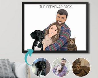 Couple Portrait with Pets | Pet and Owner Portrait | Family Portrait with Pets | Family Pet Print | Personalized Memorial Pet Illustration
