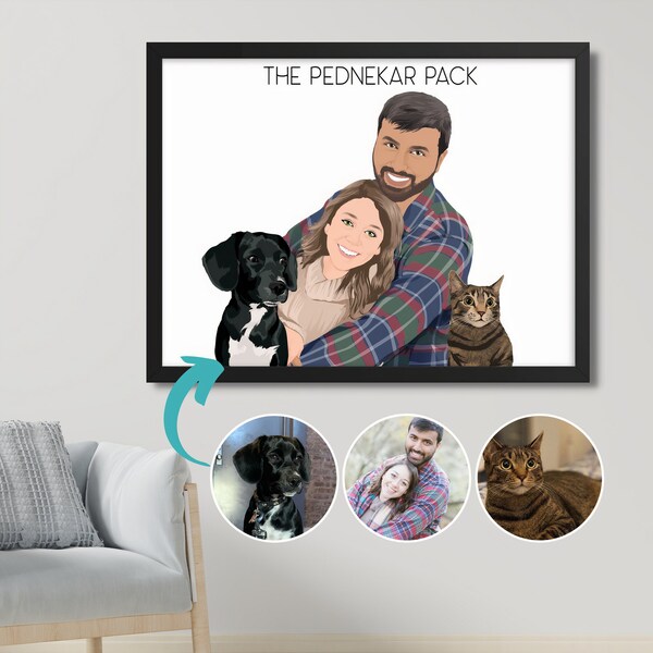 Couple Portrait with Pets | Pet and Owner Portrait | Family Portrait with Pets | Family Pet Print | Personalized Memorial Pet Illustration