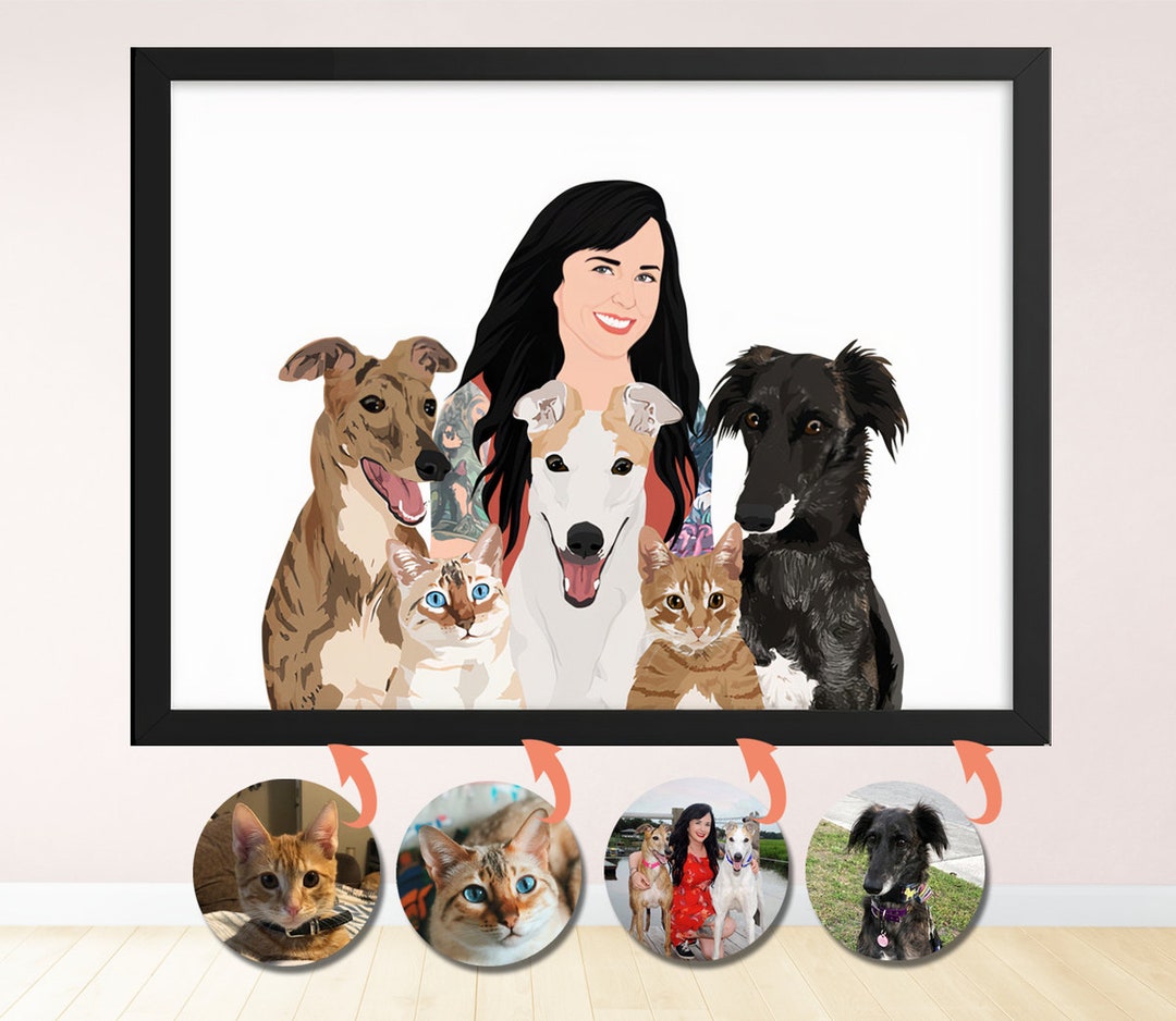 Pet Owner Portrait Owner and Pet Portrait Illustration With Pets Pet