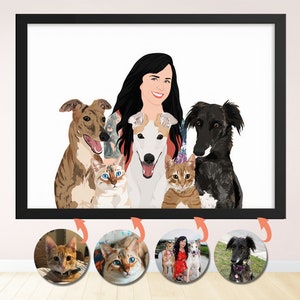 Pet Owner Portrait | Owner and Pet Portrait | Illustration with Pets | Pet and Me | Pet Portrait from Photo | Pet Family Print | Pet Drawing