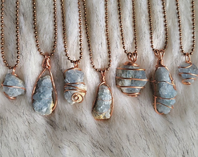 Celestite Geode Cluster Necklace, Raw Blue Celestite Necklace, Heartfelt Gift for her, Wire Wrapped Celestite Necklace, Crystal Necklace