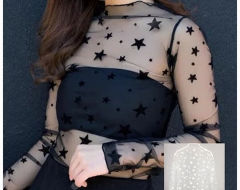 Transparent Mesh Top, Black, Moon & Stars, Celestial, Cute Sheer, Women's SMLXL