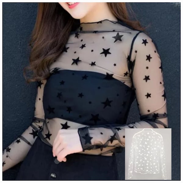 Transparent Mesh Top, Black, Moon & Stars, Celestial, Cute Sheer, Women's SMLXL