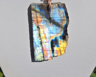 Big Raw Rainbow Spectrolite • Labradorite Crystal Pendant Necklace • Copper Boho Jewelry