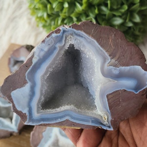 May include: A cut geode with a dark brown exterior and a light blue and white interior. The geode's center is filled with sparkling crystals. Additional geode slices are visible in the background, showcasing the natural stone's unique patterns.