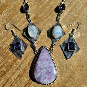 This large Lavender Lepidolite necklace is 16"& the earrings are 1.8" amethyst Crystal Earrings