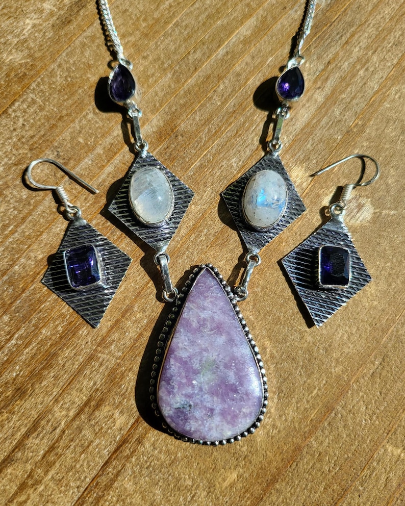 This large Lavender Lepidolite necklace is 16"& the earrings are 1.8" amethyst Crystal Earrings
