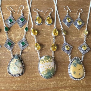 Ocean Jasper Jewelry Set • Boho • Healing Crystal Necklace • Earrings • Jewelry Gift for Women • Ocean Jasper Necklace • Citrine Earrings image 1