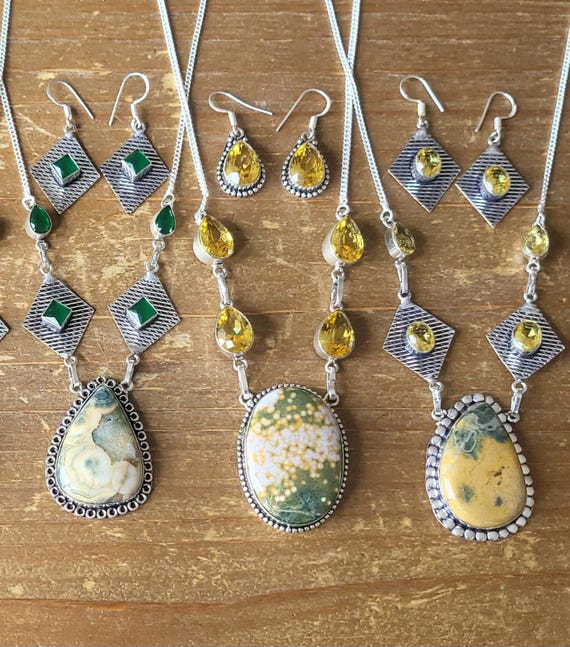 Ocean Jasper Jewelry Set • Boho • Healing Crystal Necklace • Earrings • Jewelry Gift for Women • Ocean Jasper Necklace • Citrine Earrings