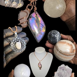 May include: An assortment of gemstones and jewelry, including rings, necklaces, and spheres. The image showcases a variety of crystals, such as quartz, labradorite, and amethyst, in various shapes and sizes. The jewelry features intricate designs and settings.