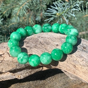 Natural Jade Bracelet, 12mm Beaded Jadeite Stretchy Bracelet, Abundance, Good Luck, Healing Crystal Bracelet, Gift for Mom Christmas