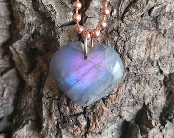 High Frequency • Pink Labradorite Heart Necklace • Purple Sunset Flash • Healing Crystal Jewelry • Gift for her him