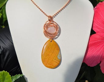 Ember Goddess • Yellow Fire Dragon Veins Agate & Rose Quartz Copper Necklace