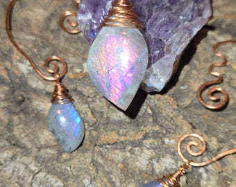 Divine Frequency • Pink Labradorite Necklace • Purple Labradorite Earrings • Jewelry Set • Copper Ear Cuffs •Healing Crystal Gifts • Stone