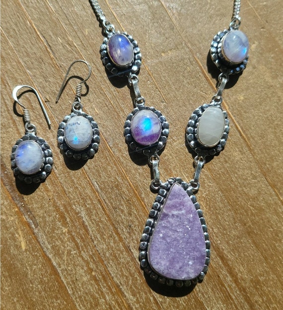 High Frequency • Lepidolite Necklace • Rainbow Moonstone Necklace • Healing Crystals • Gemstone Earrings • Jewelry Set • Lavender