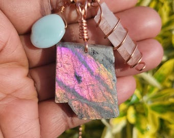 Pink Labradorite Necklace • Chakra Healing Crystals • Quartz & Aquamarine gemstone Pendant • Boho Jewelry