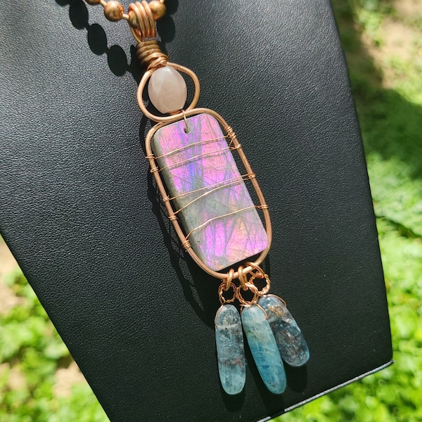 Pink Labradorite Necklace w/ Kyanite, Healing Crystal Necklace, Copper Wire wrapped, Boho Charms, Pink Labradorite Necklace, Heartfelt Gift