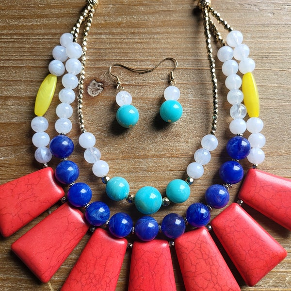 Howlite Necklace, Triple Layer, Crystal Necklace, Beaded Dangle Drop Earrings, XL Bib Necklace