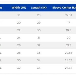 May include: Size chart showing width, length, and sleeve center back measurements in inches for sizes S through 5XL.