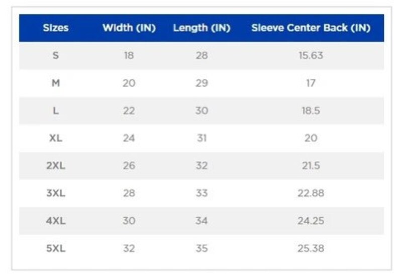 May include: Size chart showing width, length, and sleeve center back measurements in inches for sizes S through 5XL.