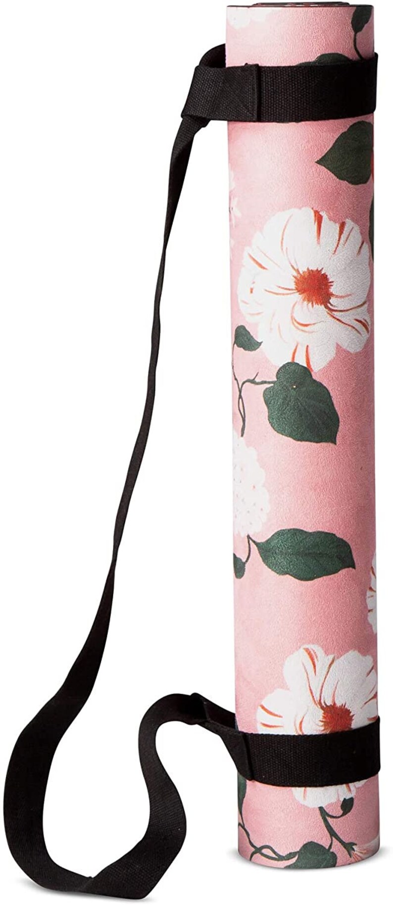 May include: A pink yoga mat with a floral print and a black carrying strap. The strap is adjustable and has a buckle closure.