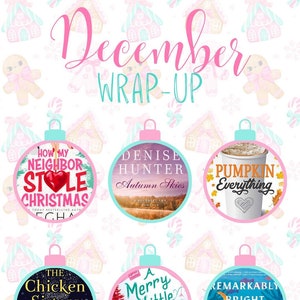 May include: A collage of nine Christmas ornaments, each featuring a different book cover. The ornaments are pink and white with a light blue trim. The book titles include "How My Neighbor Stole Christmas", "Denise Hunter Autumn Skies", "Pumpkin Everything", "The Chicken Sisters", "A Merry Little Meet Cute", "Remarkably Bright Creatures", "Mad Honey", "Birds of California", and "Evergreen".