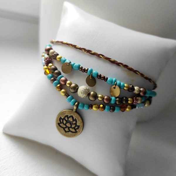 Bracelet multirangs bohème bronze et turquoise - tendance hippie boho - 2023 - cadeau Femme- été