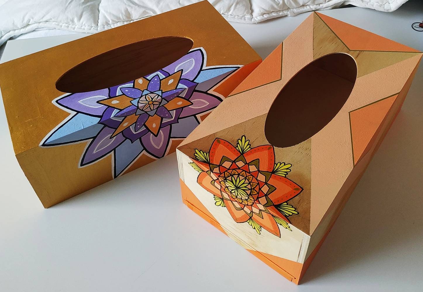 Boites à Mouchoirs en Bois Mandala Coloré Peinture Acrylique et Vernis