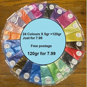 May include: A set of 24 small bags of colourful mica powder, each bag containing 5 grams of powder. The bags are arranged in a circle on a wooden surface. The text "24 Colours X 5gr = 120gr Just for 7.99 Free postage 120gr for 7.99" is printed on a blue circle in the centre of the image.
