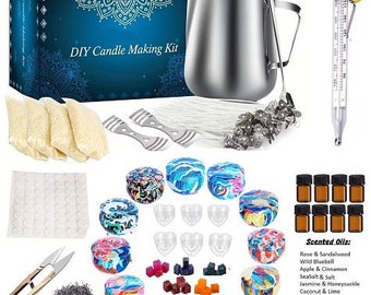 May include: DIY candle making kit with a variety of supplies, including wax, wicks, essential oils, and containers. The kit also includes a stainless steel pitcher, a thermometer, and a set of tools for melting and pouring wax.