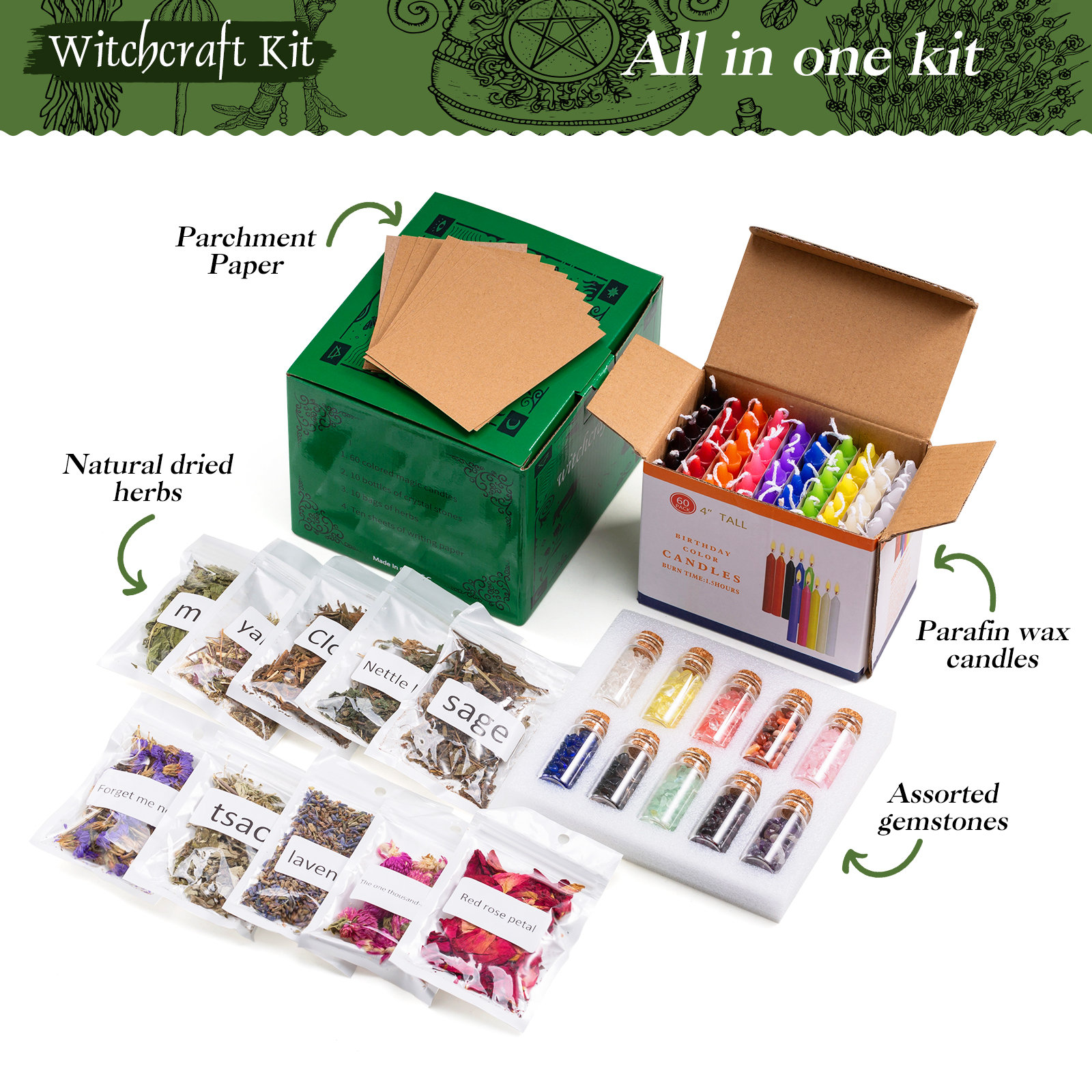 Amazing 90-piece Witchcraft Starter Kit With Spell Candles / Natural  Crystals 