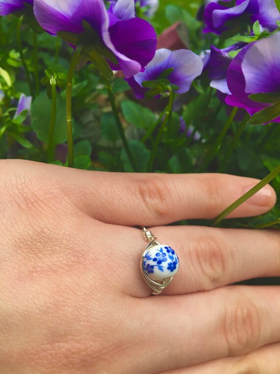 Blue Ceramic Flower Ring Silver Band Size 7 Etsy